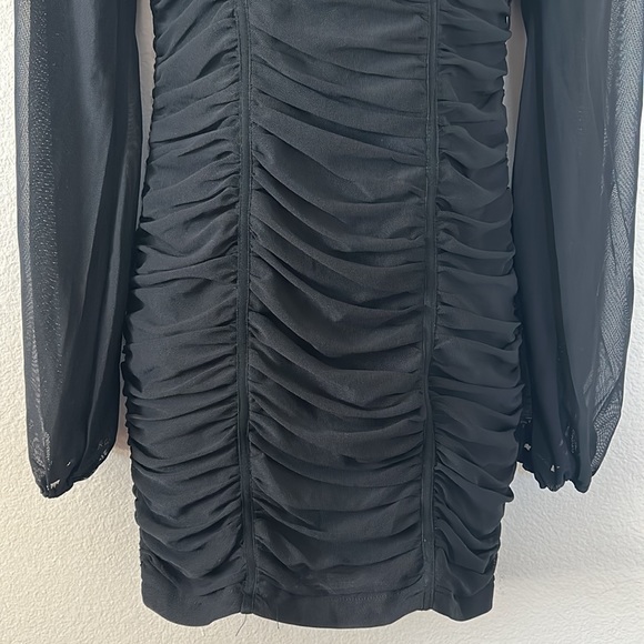 Princess Polly Everly Black Sheer Balloon Sleeve Ruched Cowl Neck Mini Dress - Picture 5 of 11